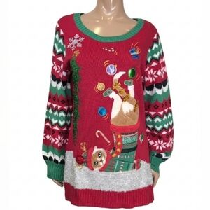 Merry & Bright Ugly Christmas Sweater Red Cat in Stocking Pom Pom Womens Large